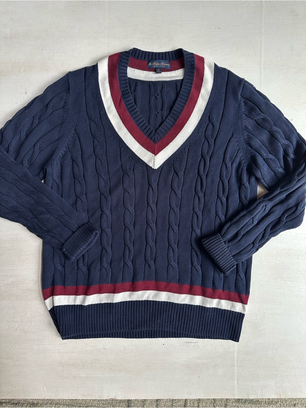 Brooks Brothers Navy Cable Knit V Neck Sweater with Maroon & White Trim